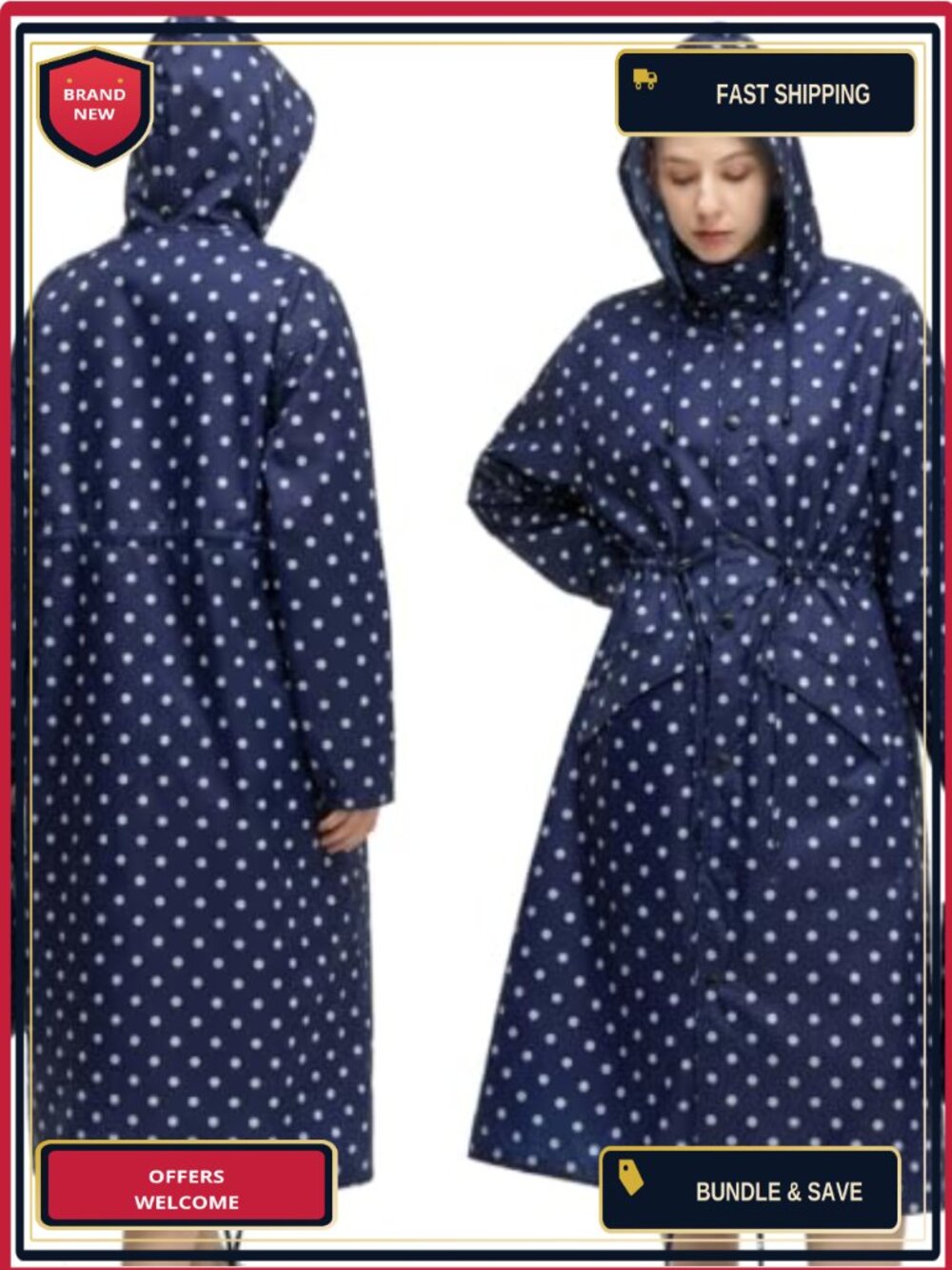 Waterproof Raincoat Lightweight Hooded Jacket with Adjustable Waist, Windproof